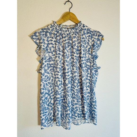 Melloday Short Sleeve Top Size Large Blue Floral Ruffle Neck - Picture 3 of 11